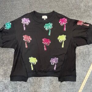 FANTASTIC FAWN Black Palm Tree Sequin Sweatshirt Women's Size S